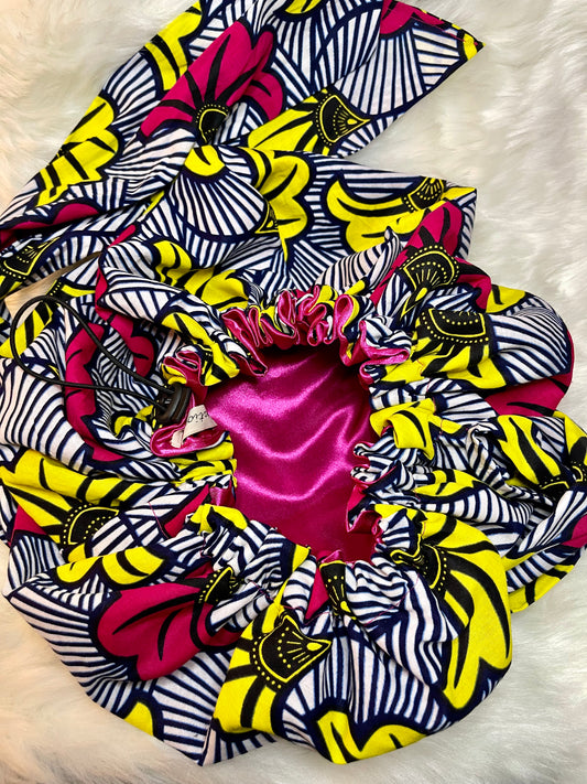 Bonnet turban ajustable en Wax et satin